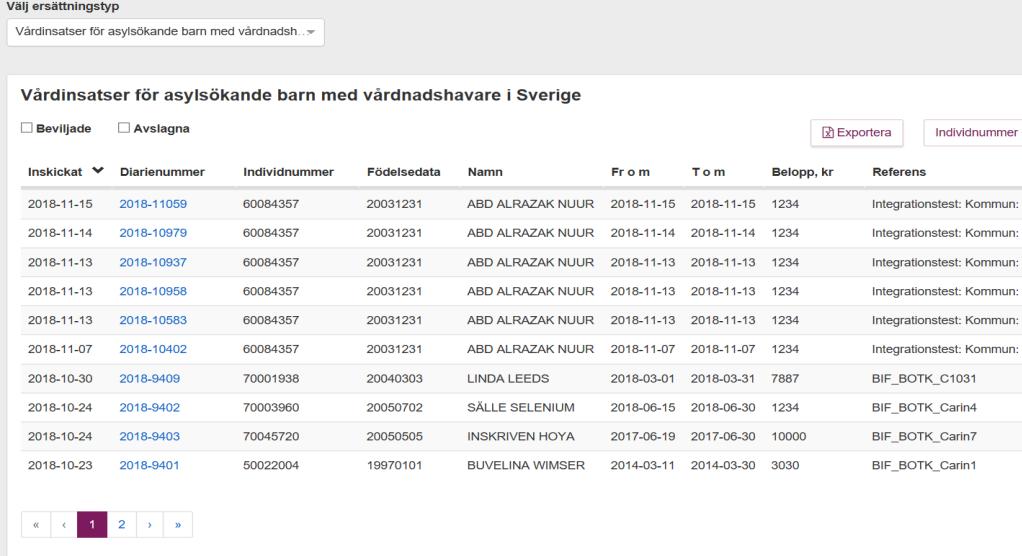 uppgifter från aktuell tabell till Excel. Exporten baseras på den filtrering som eventuellt är gjord i respektive flik.