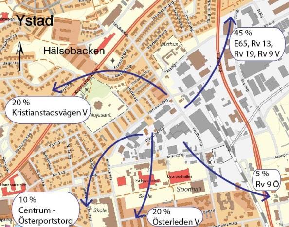 RAPPORT 2014-10-14 6 (8) Figur 3 Fördelning enligt ramprogram för Surbrunnsområdet. Figur 4 Antagen fördelning på närliggande länkar utifrån Figur 3. 3.2 Uppräkning 2025 Befintliga trafikflöden, eller de senast kända trafikflödena, se avsnitt 2.