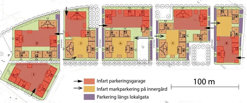 RAPPORT 2014-10-14 8 (8) Figur 5 Parkeringsförslag, röd markering visar tänkt placering för parkeringsgarage enligt arkitektförslag, orange markering visar markparkering och lila markering visar
