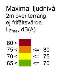 7.3 Maximala ljudnivåer För de maximala ljudnivåerna beräknas ungefär 17 bostadshus i Derome att få ljudnivåer som överskrider riktvärdet 70 dba på uteplats.