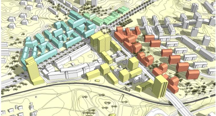 2015 Strukturplan Årstastråket 3. AB Stockholmshems äganderätt i Bolidentriangeln inringad med rött. AB Stockholmshem har äganderätt för området som föreslås för ny bebyggelse.