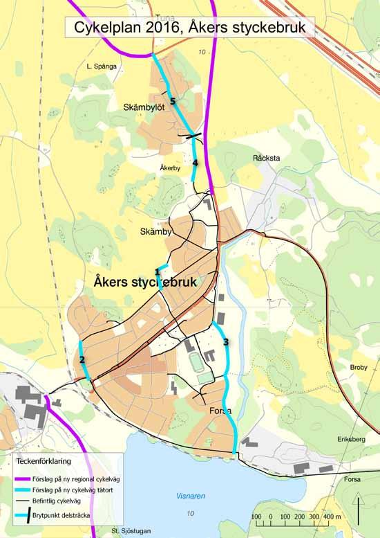 38 / Cykelplan 2016 för Strängnäs kommun 6.3 Åkers styckebruk Åkers styckebruks behov av nya cykelvägar framgår av tabellen nedan och kartan. Objekt Längd Kostnad 1.