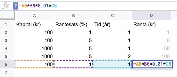 TA HJÄLP AV GOOGLE KALKYLARK FÖR ATT BERÄKNA RÄNTAN UPPGIFT B Nu ska vi ta hjälp av en formel för att låta Google Kalkylark göra jobbet åt oss. 1.