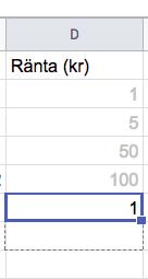 Stämmer värdet som står i cell D6 överens med värdet i D2? 4. Tolka formeln A6*B6*0,01*C6. Vad t ex står B6*0,01 för? 5. Diskutera med en kompis. Kom ni fram till samma sak? 6.