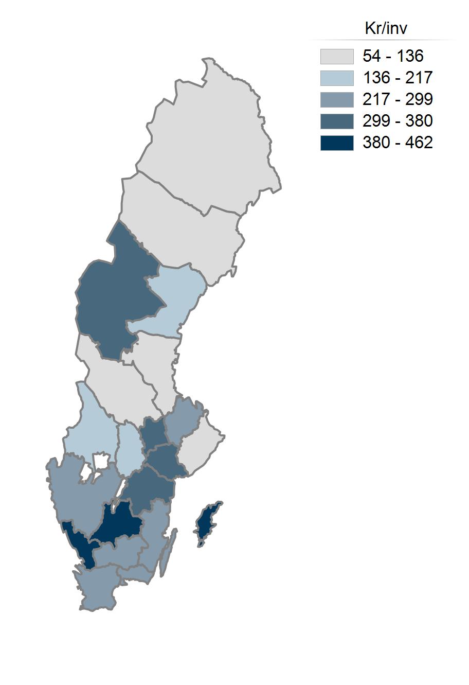 Kartan visar beviljat per invånare för varje från bidraget start till och med 2019-07-31 Län Invånare /invånare Blekinge 39 392 124 158 453 249 Dalarnas 38 311 341 284 531 135 Gotlands 26 797 999 58