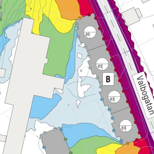 Maximal ljudnivå år 20, hus B. Figur 4.