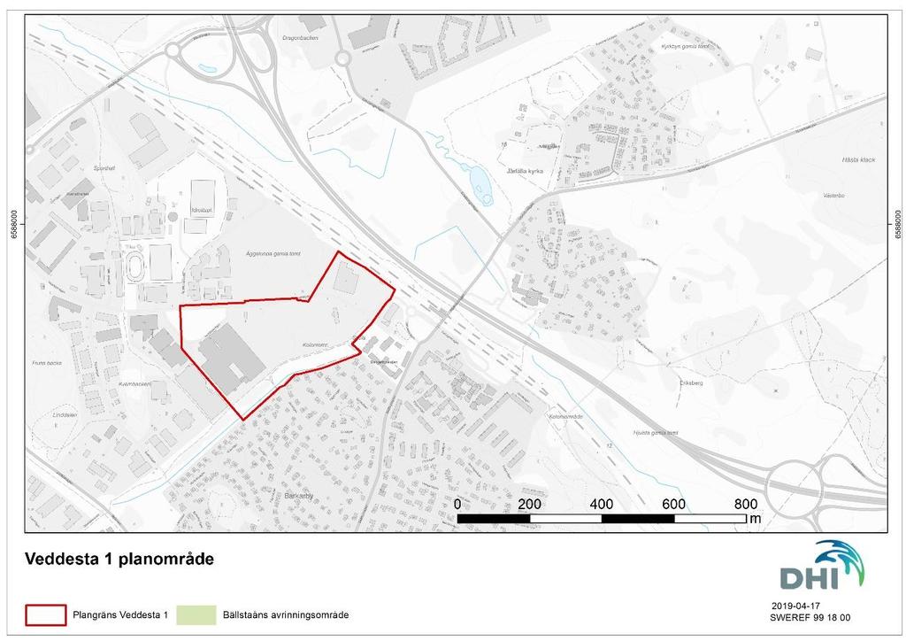 Befintliga förhållanden 3 Befintliga förhållanden 3.1 Planområdets geografiska läge Planområdet Veddesta 1 ligger i Bällstaåns avrinningsområde och Veddestabäckens delavrinningsområde.