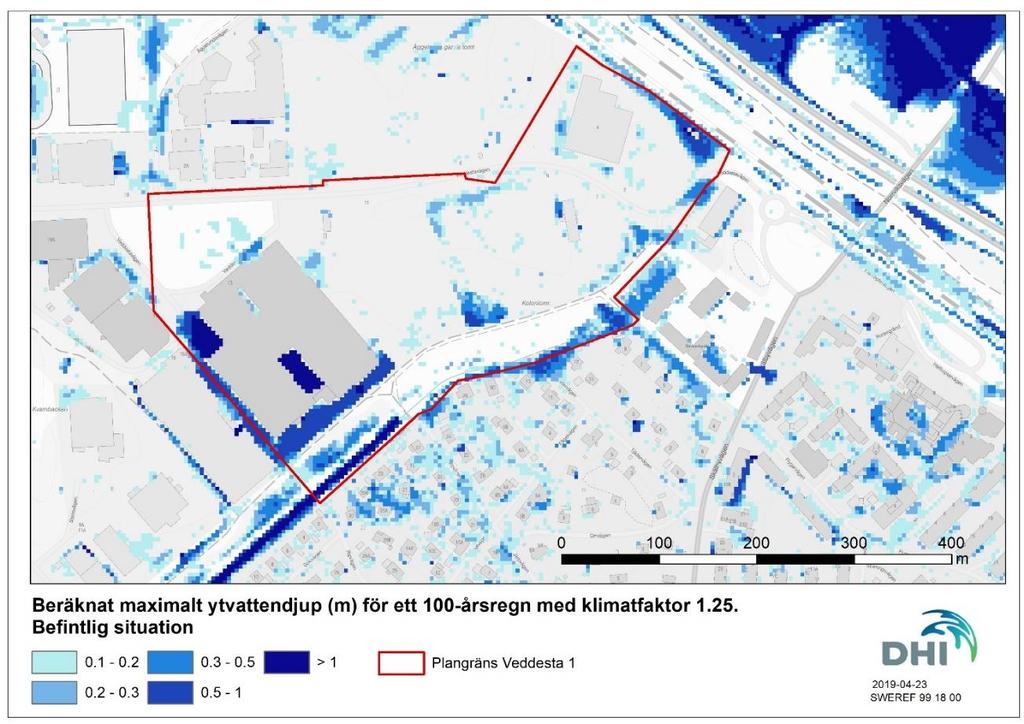 Resultat översvämningsrisker 6 Resultat översvämningsrisker I detta kapitel redovisas och kommenteras resultaten från översvämningsberäkningarna. 6.1 Befintlig situation Figur 6-1 visar beräknade maximala ytvattendjup vid ett 100-årsregn med klimatfaktor 1.