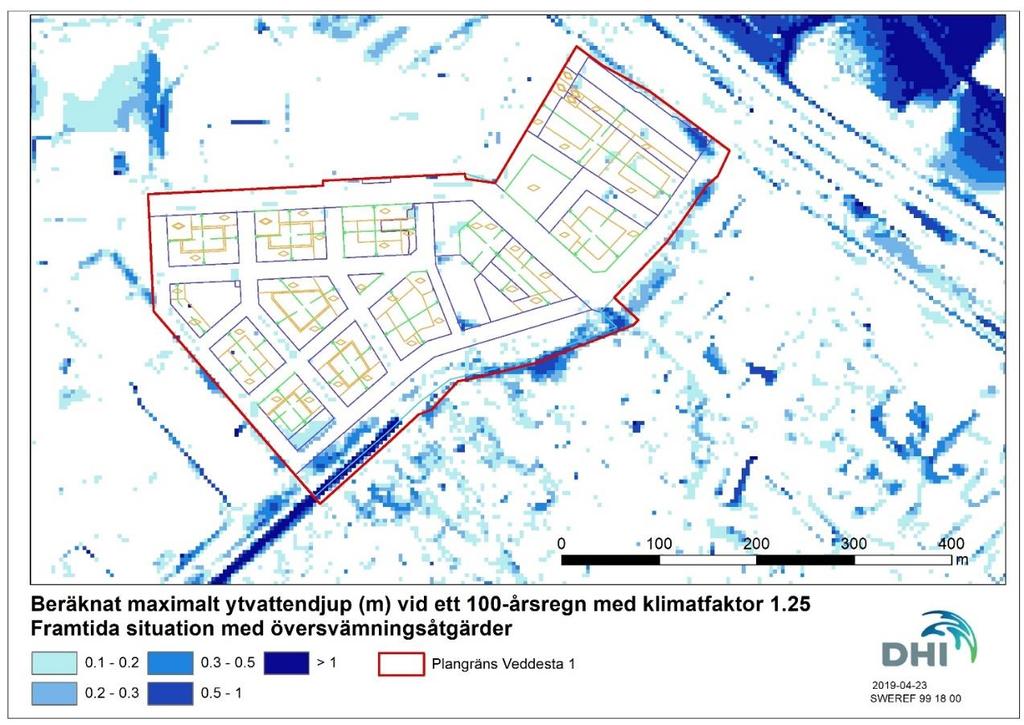 Resultat översvämningsrisker Figur 6-3. Beräknade maximala ytvattendjup vid ett 100-årsregn med klimatfaktor 1.25, för framtida situation med översvämningsåtgärder. Vid 100-årsregn med klimatfaktor 1.