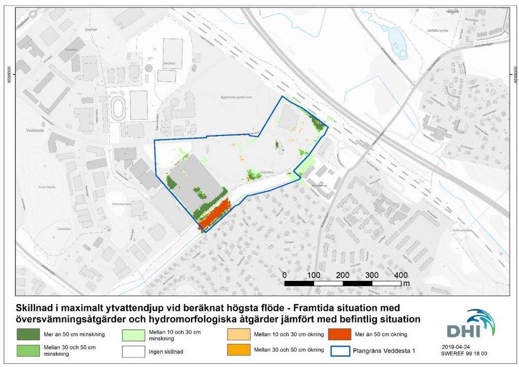 Figur 6-8. Skillnad i maximalt ytvattendjup vid beräknat högsta flöde. Framtida situation med översvämningsåtgärder och hydromorfologiska åtgärder, jämfört med befintlig situation.