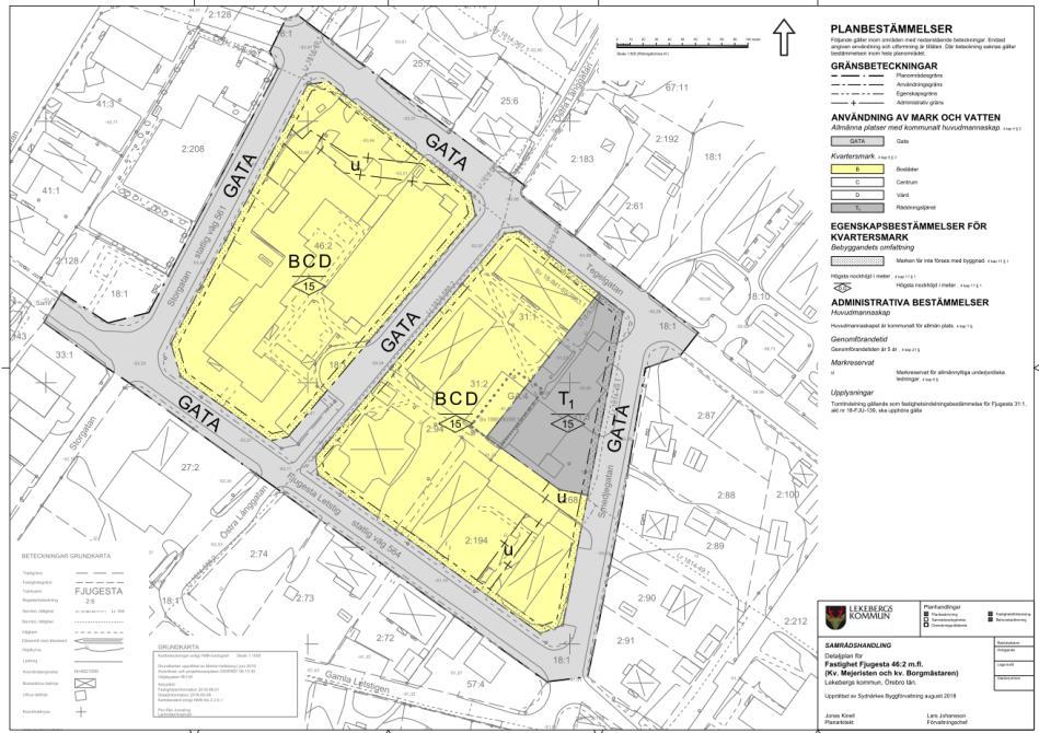 Figur 2.2. Beskrivning av planerad utformning av planområde inkl fastigheten Fjugesta 46.1, markerad med svart cirkel. Källa: Sydnärkes Byggförvaltning, hemsida, 2019-05-22.