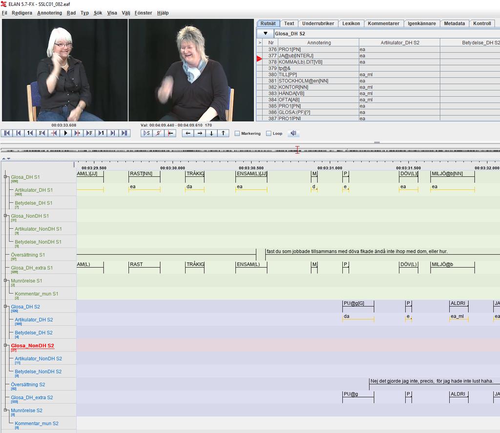 Bild 5. Annoteringsverktyget ELAN med fönstren för media, annoteringsrader och annoteringar (glosor och översättningar) synliga. 8.