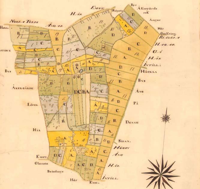 Figur 4. Storskifteskartan från 1767. Byn består fortfarande av tre gårdar belägna i centrum av ågomarken.