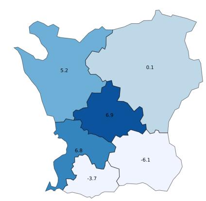 Störst procentuell ökning i perioden har Hörby (+86,6 %) medan Malmö har den största utveckling i antal gästnätter (+34 076 gästnätter).