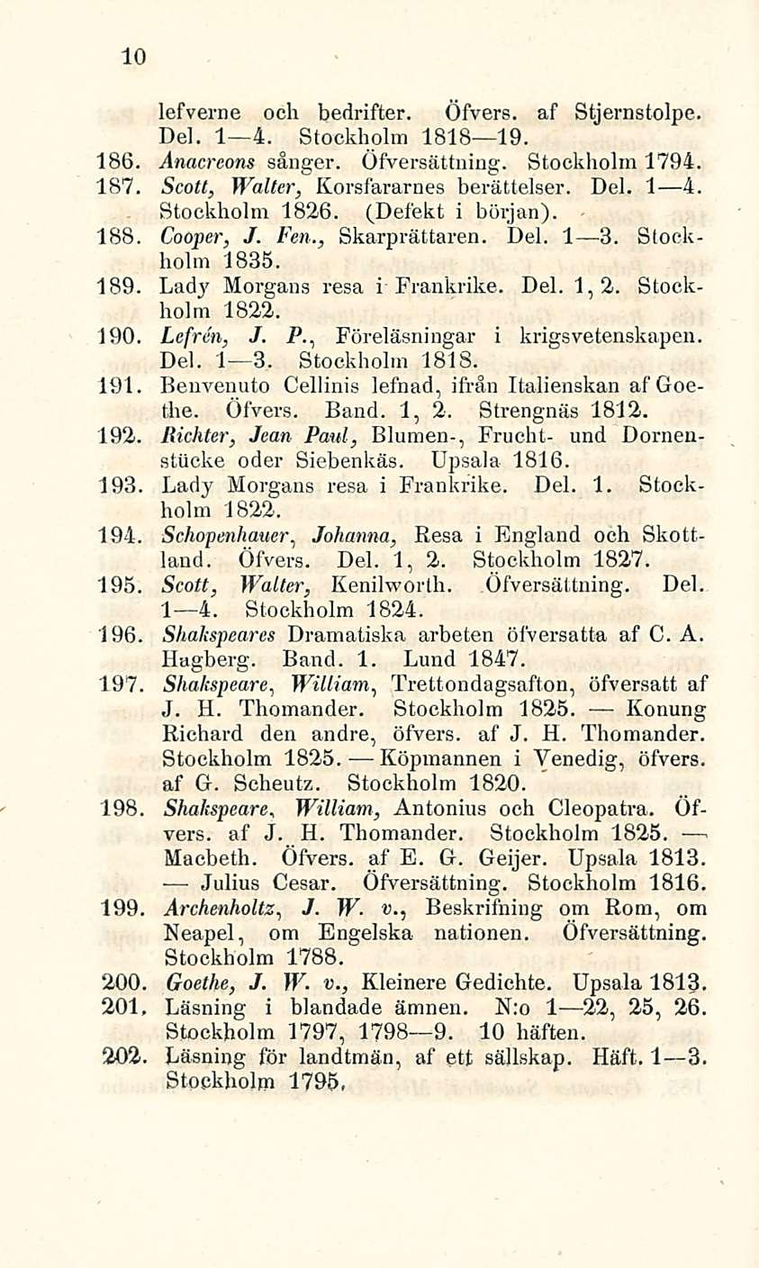 10 lefverne och bedrifter. Öfvers. af Stjernstolpe. Del. I 4. Stockholm 1818 19. 186. Anacreons sånger. Öfversättning. Stockholm 1794. 187. Scott, Walter, Korsfararnes berättelser. Del. I 4. Stockholm 1826.