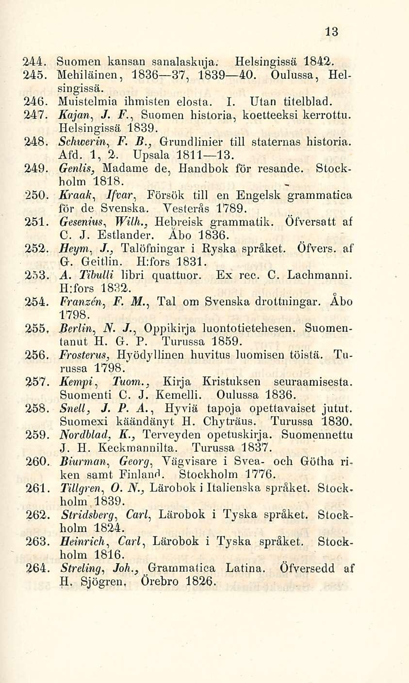 13 244. Suomen kansan sanalaskuja. Helsingissä 1842. 245. Mehiläinen, 1836 37, 1839 40. Oulussa, Helsingissä. 246. Muistelmia ihmisten elosta. I. Utan titelblad. 247. Kajan, J. F.
