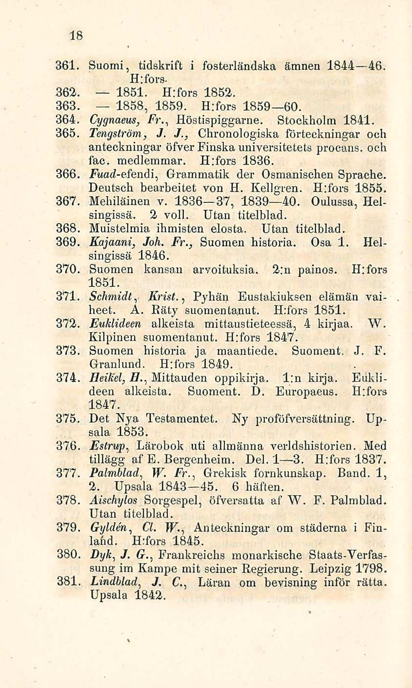 18 361. Suomi, tidskrift i fosterländska ämnen 1844 46. H:fors- -362. 1851. Hrfors 1852. 363. 1858, 1859. Hrfors 1859 60. 364. Cygnaeus, Fr., Höstispiggarne. Stockholm 1841. 365. Tengström, J.