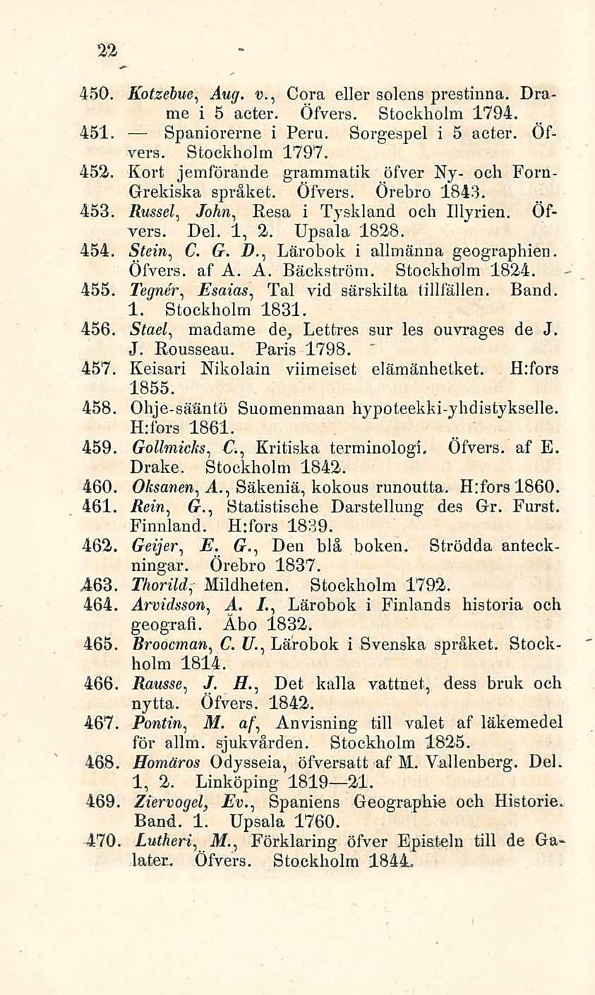 22 450. Kotzebue, Aug. v.. Cora eller solens prestinna. Drame i 5 aeter. Öfvers. Stockholm 1794. 451. Spaniorerne i Peru. Sorgespel i 5 acter. Öfvers. Stockholm 1797. 452.