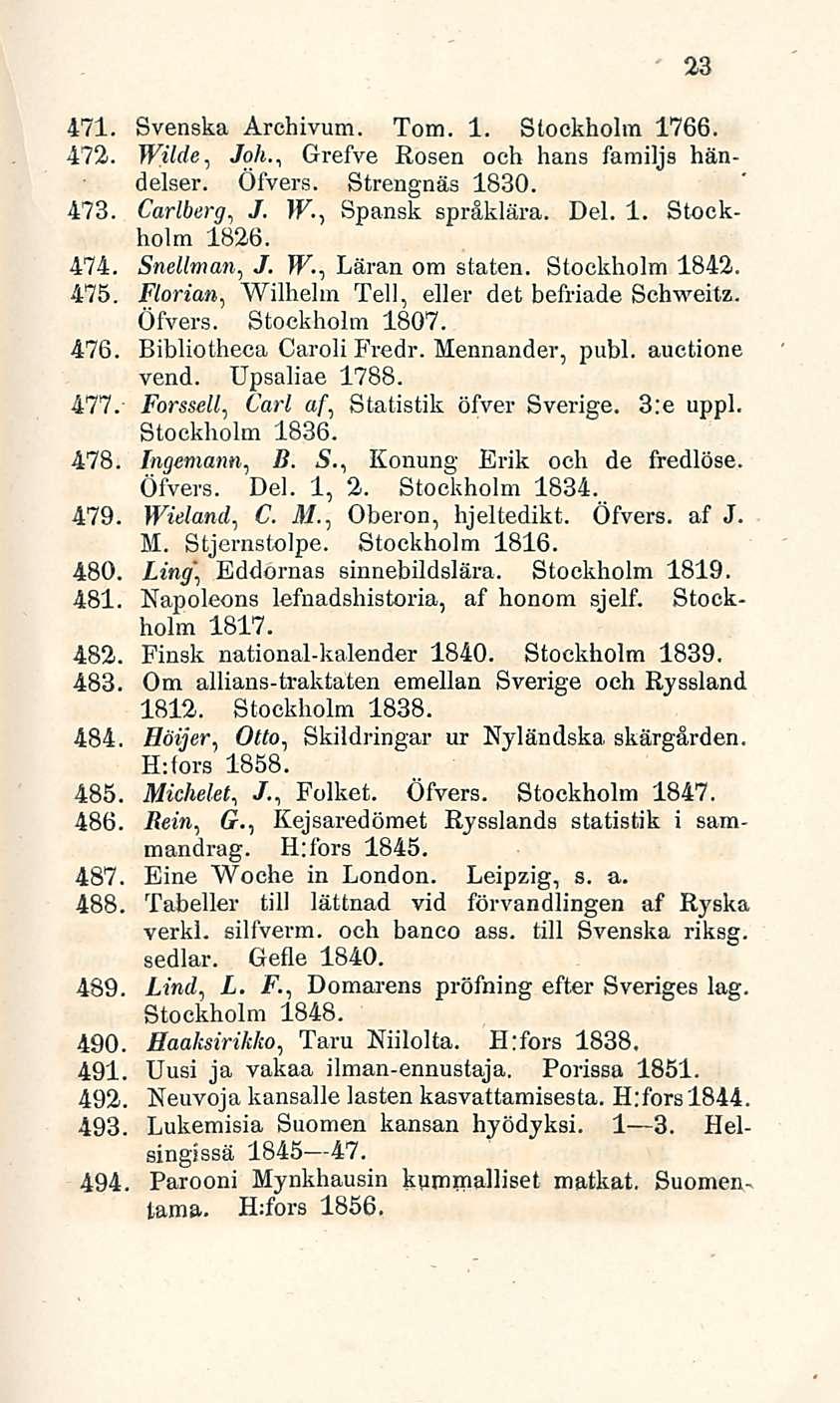 23 471. Svenska Archivum. Tom. 1. Stockholm 1766. 472. Wilde, Joh., Grefve Rosen och hans familjs händelser. Öfvers. Strengnäs 1830. 473. Carlberg, J. W-, Spansk språklära. Del. 1. Stockholm 1826.