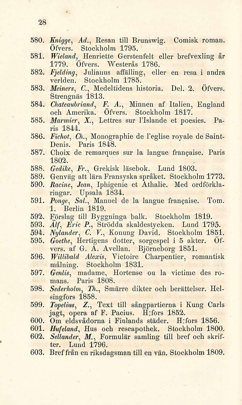 28 580. Knigge, Ad., Resan tili Brunswig. Comisk roman. Öfvers. Stockholm 1795. 581. Wieland, Henriette Gerstenfelt ellei- brefvexling år 1779. Öfvers. Westerås 1786. 582.