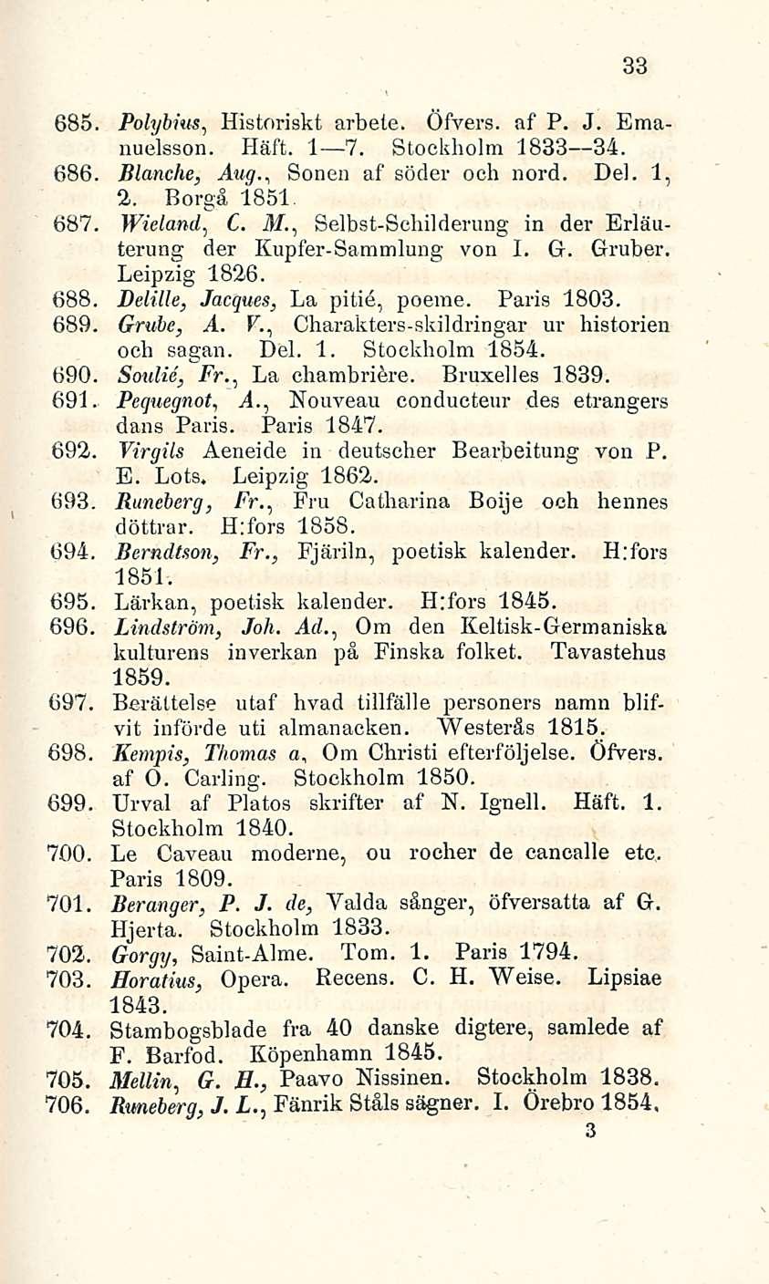 33 685. Polybius, Historiskt arbeie. Öfvers. af P. J. Emanuelsson. Hfift. I 7. Stockholm 1833 34. 686. Blanche, Aug., Sonen af söder och nord. Del. 1, 2. Borgå 1851 687. Wielana\ C. M.