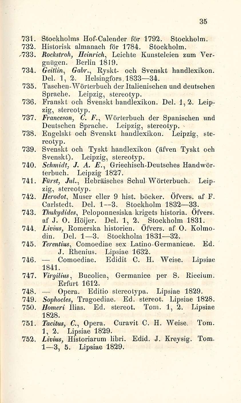 35 731. Stockholms Hof-Calender för 1792. Stockholm. 732. Historisk almanach för 1784. Stockholm. 733. Rockstroh, Heinrich, Leichte Kunsteleien zum Vergniigen. Berlin 1819. 734. GeiUin, Gabr.