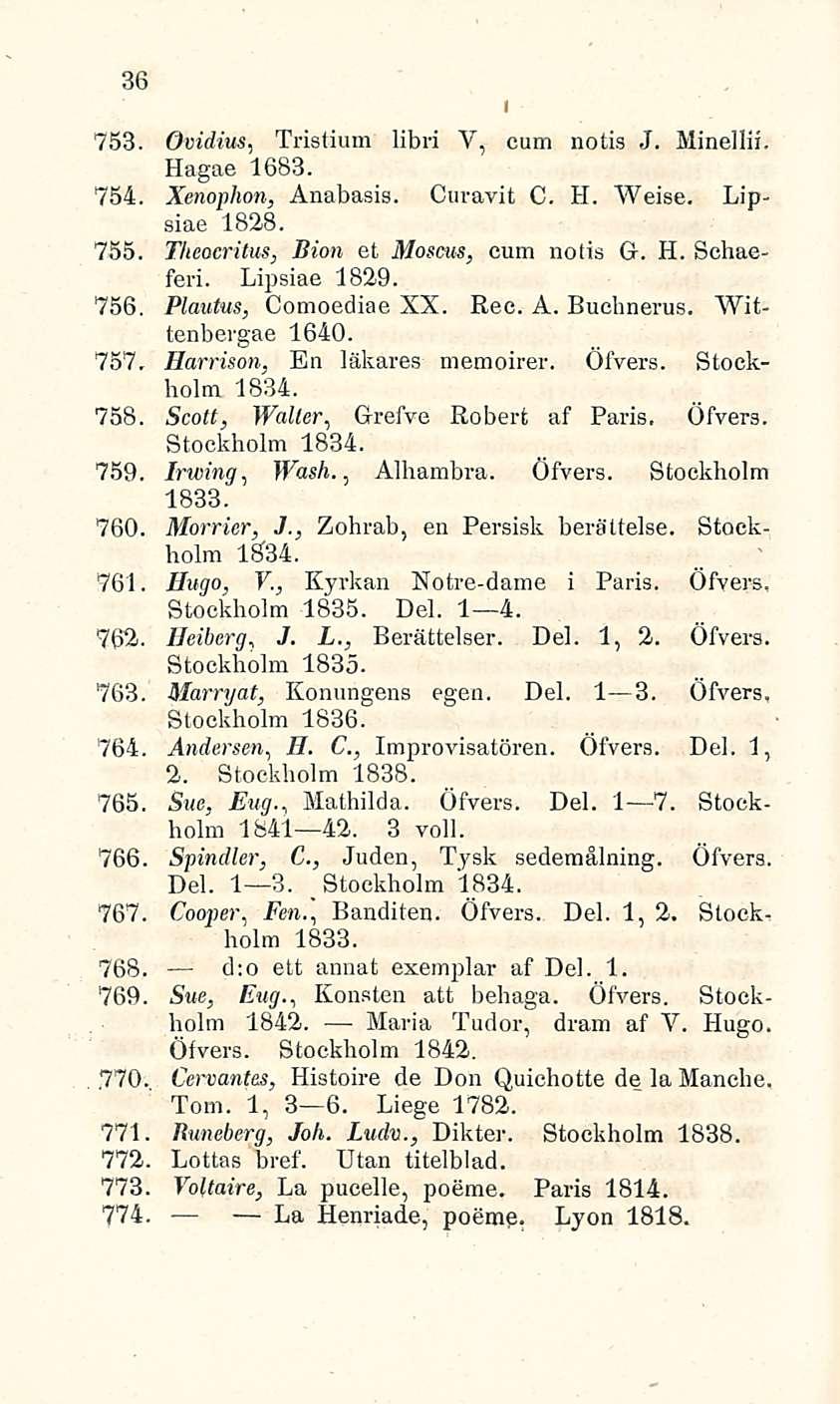 36 753. övidius, Tristium libri V, cum notis J. Minellii. Hagae 1683. 754. Xenophon, Anabasis. Curavit C. H. Weise. Lipsiae 1828. 755. Tlteocritus, Bion et Moscus, cum notis G. H. Schaeferi.