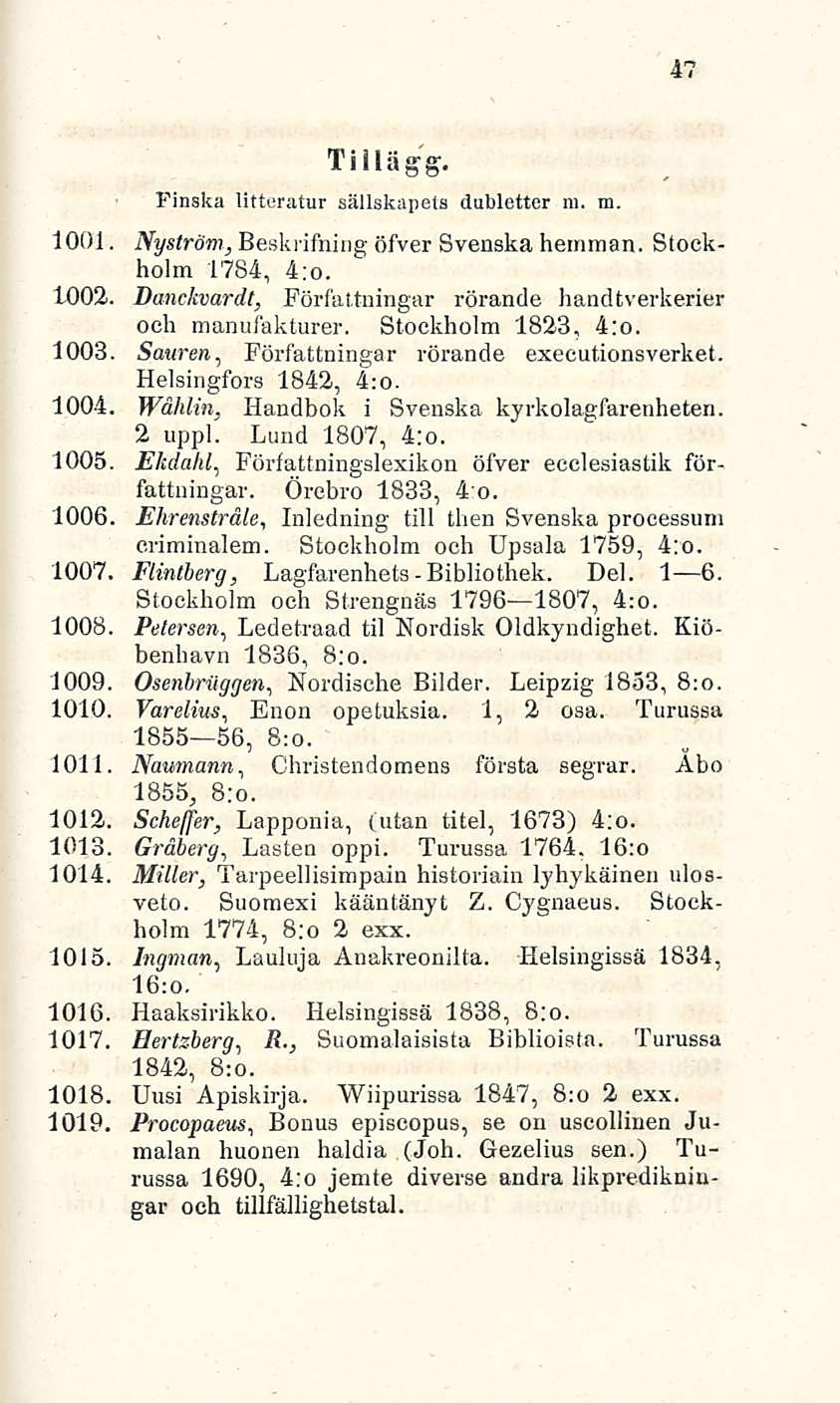 47 Tiliä g g. Finska litteratur sällskapets dublcttcr m. m. 1001. Nyström, Beskrifhing öfver Svenska hemman. Stockholm 1784, 4:o. 1002.