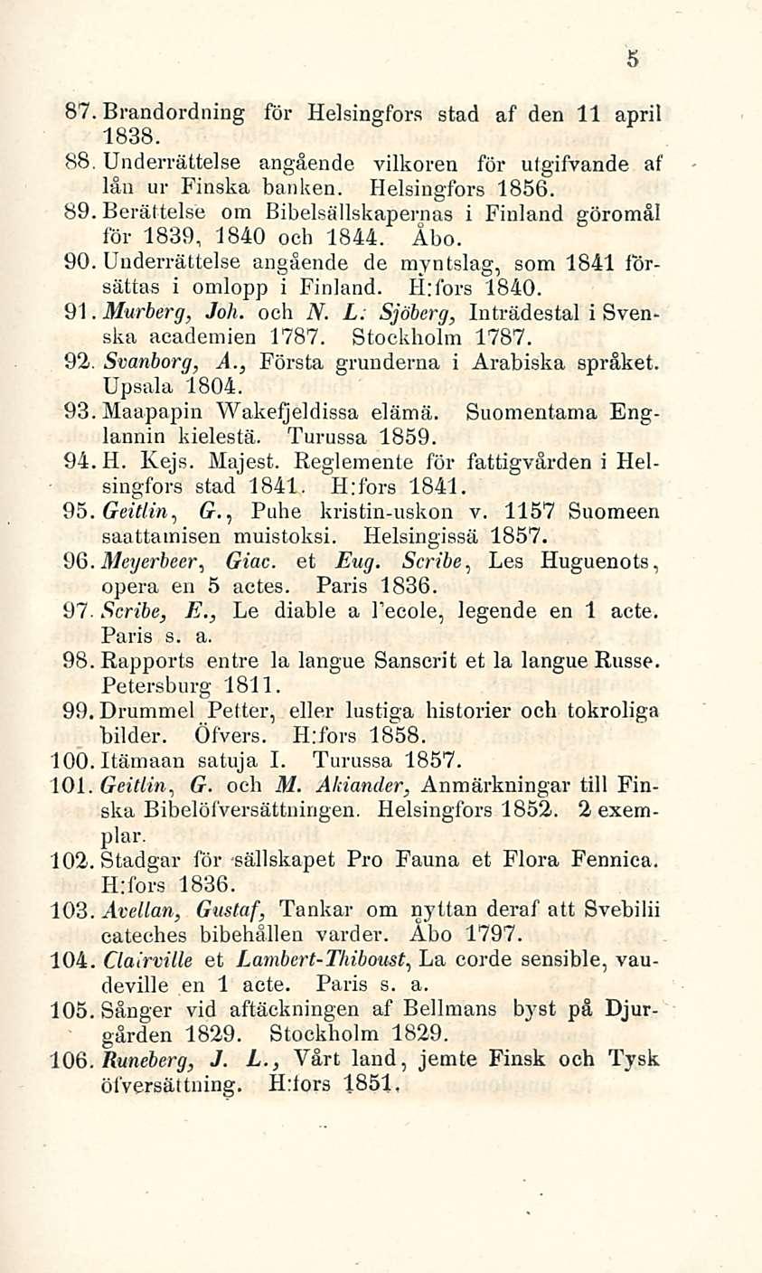 87. Brandordning för Helsingfors stad af den 11 april 1838. 88. Underrättelse angående vilkoren för ufgifvande af lån ur Finska banken. Helsingfors 1856. 89.