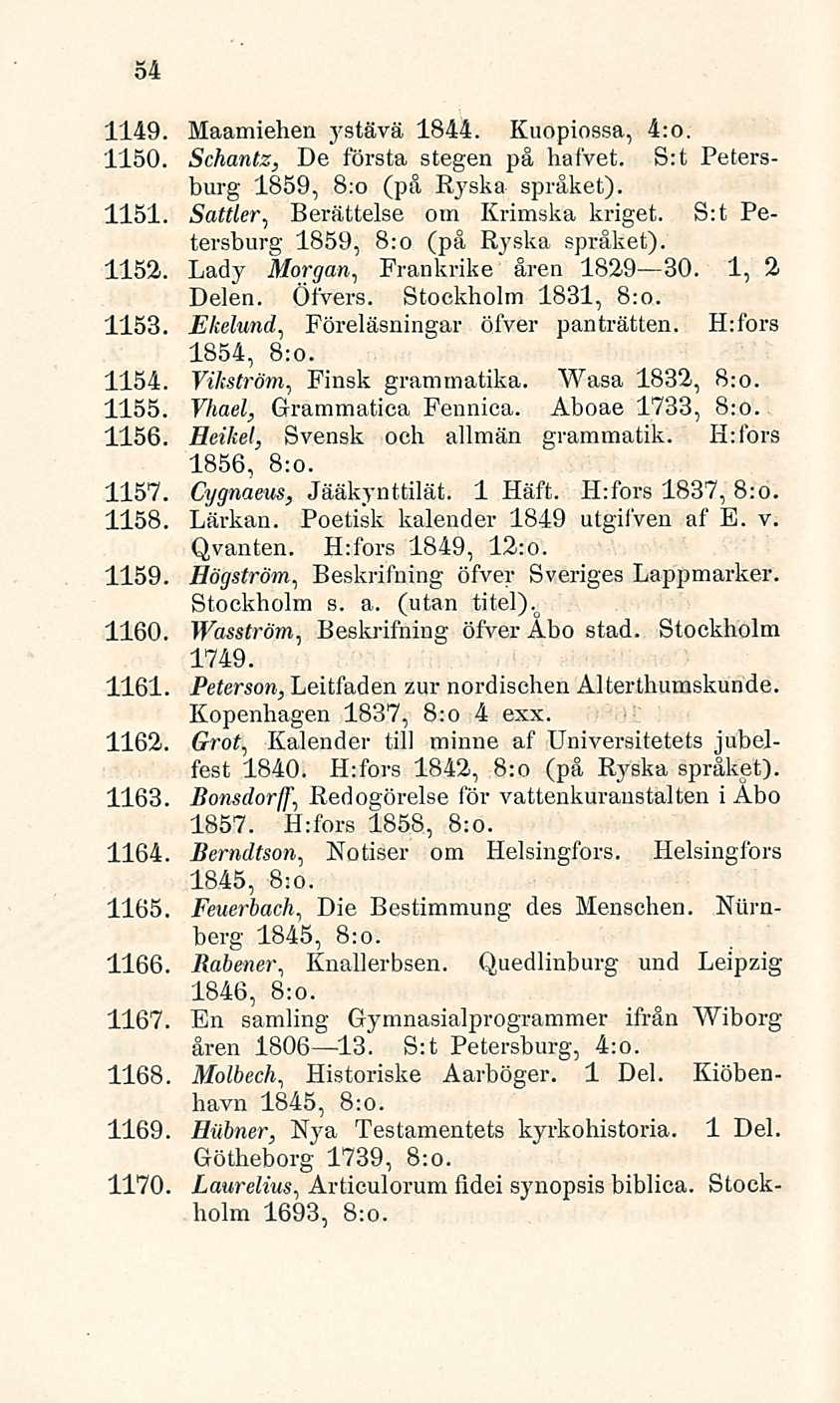 54 1149. Maamiehen 1844. Kuopiossa, 4:o. 1150. Schantz, De första stegen på hafvet. S:t Petersburg 1859, 8:o (på Ryskä språket). 1151. Sattler, Berättelse om Krimska kriget.