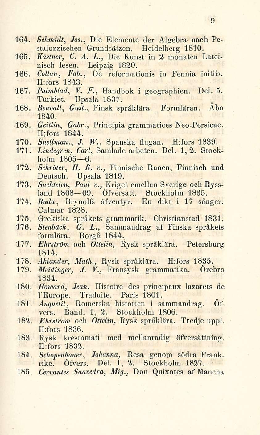164. Schmidt, Jos., Die Elemente der Algebra/ nach Pestalozzischen Grundsätzen. Heidelberg 1810. 165. Kästner, C. A. L., Die Kunst in 2 monaten Lateinisch lesen. Leipzig 1820. 166. Collan, Fab.