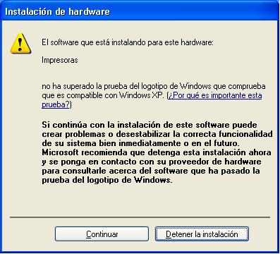 Aparece un cuadro de diálogo de advertencia en el que se indica que el software no ha pasado la prueba del logotipo de Windows para verificar