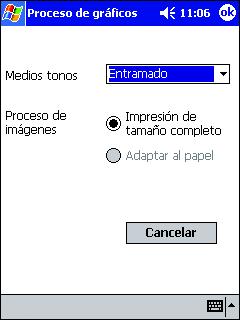 Impresión de datos desde un PC de bolsillo Ajustes para el procesamiento de gráficos 1 Haga clic en Gráficos en la pantalla Vista previa. Aparece la pantalla Procesamiento de gráficos.