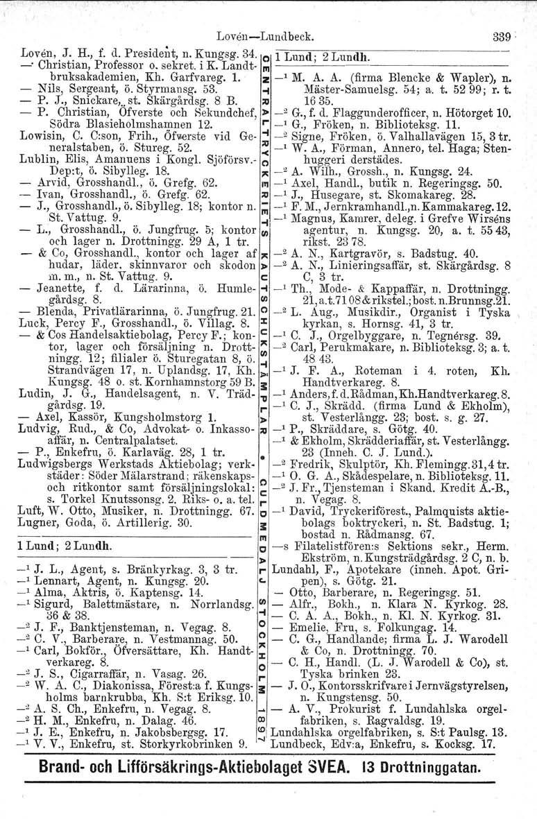 OC. LovånsLundbeck. 339 Loven, J. H., f. d. President, n. Kungsg. 34. o 1 Lund' 2 Lundh. ' Christian, Professor o. sekret. i KoLandt /II '. bruksakademien, Kh. Garfvareg. l. z ' M. A.