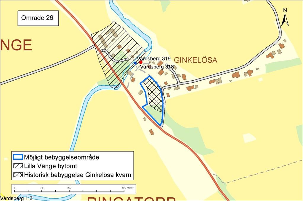 12 Arkeologisk specialinventering, komplettering II Område 26 Område 26 ligger vid infarten till Ginkelösa som är en by med jordbruksbebyggelse men även med villabebyggelse.
