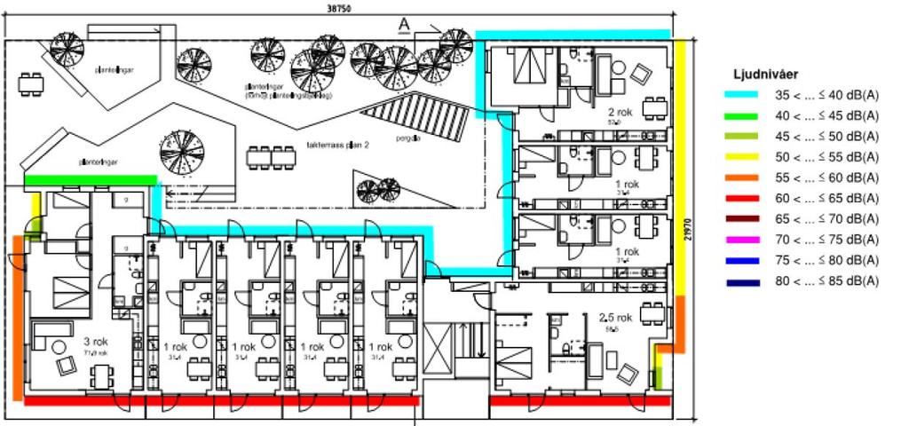 Bullerberäkning, ekvivalent ljudnivå för första bostadsplanet. f 6 Minst hälften av bostadsrummen i varje lägenhet ska orienteras mot en ljuddämpad sida.
