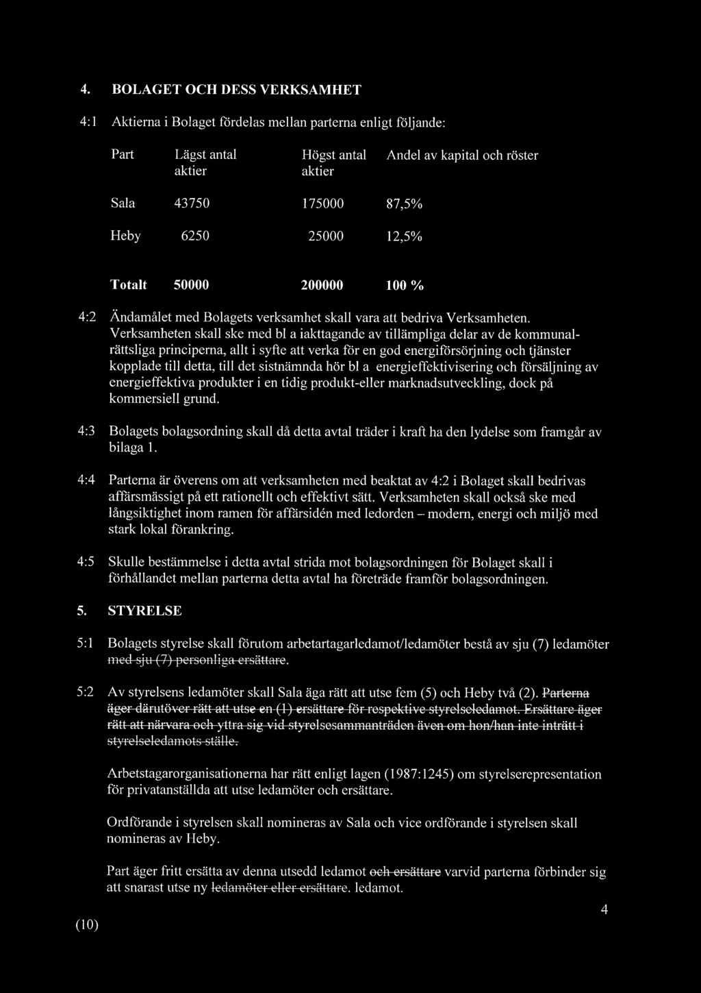 4. BOLAGET OCH DESS VERKSAMHET 4:1 Aktierna i Bolaget fördelas mellan parterna enligt följande: Part Lägst antal Högst antal Andel av kapital och röster aktier aktier Sala 43750 175000 875% Heby 6250