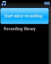 > Din inspelning sparas på din spelare. (Filnamn format: VOICEXXX.WAV där XXX är inspelningsnumret vilken skapas automatiskt.) 5 Du kan hitta denna fil under > Inspelningsbibliotek > Röst.