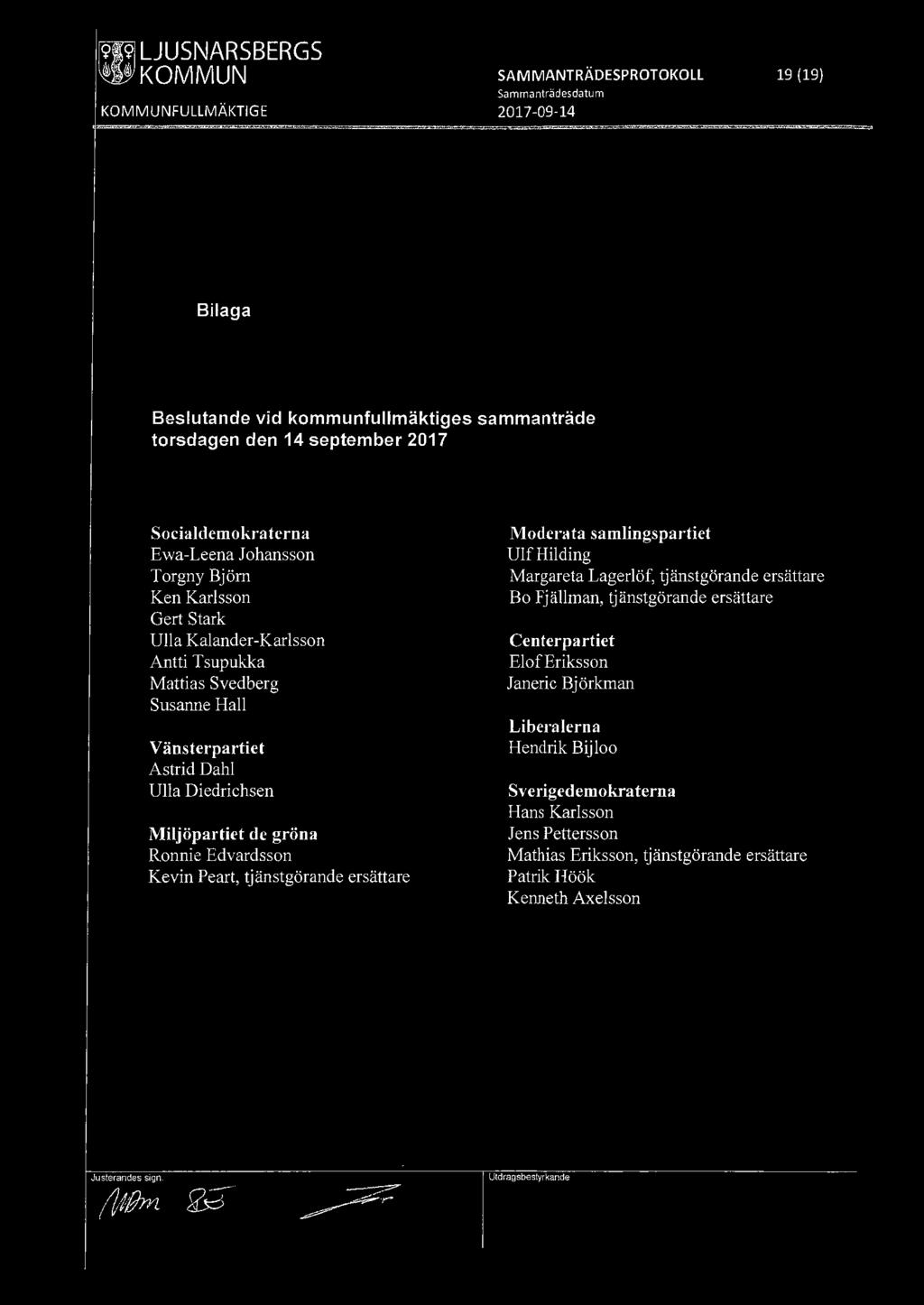 Miljöpartiet de gröna Ronnie Edvardsson Kevin Peart, tjänstgörande ersättare Moderata samlingspartiet Ulf Hilding Margareta Lagerlöf, tjänstgörande ersättare Bo Fj ällman, tjänstgörande