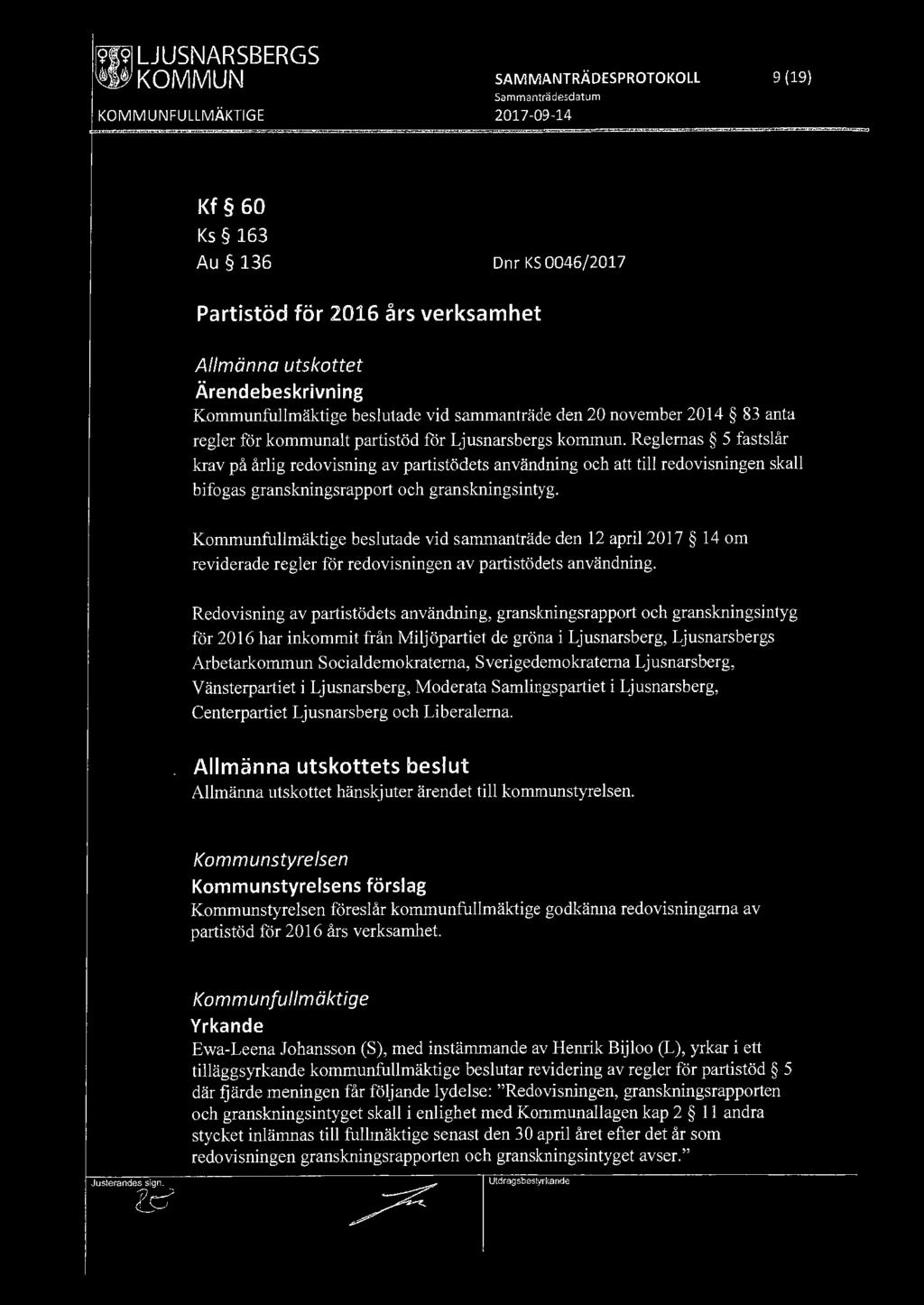 [9191 LJUSNARSBERGS ~ KOMMUN SAMMANTRÄDESPROTOKOLL 9 (19) Kf 60 Ks 163 Au 136 Dnr KS 0046/2017 Partistöd för 2016 års verksamhet Allmänna utskottet Kommunfullmäktige beslutade vid sammanträde den 20