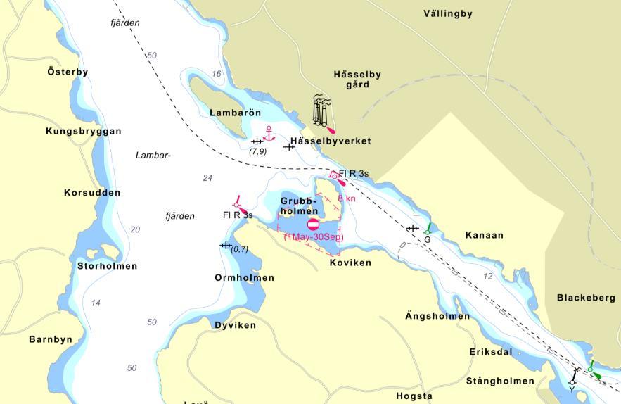 Observera att genomfart i sundet mellan Hässelby holme och Lovön (från Koviken