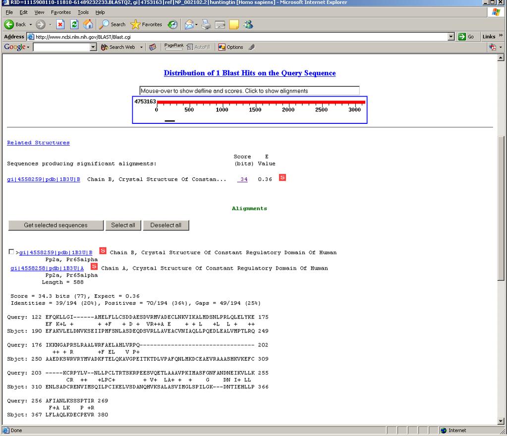 protein 4: huntingtin NP_002102 blastp