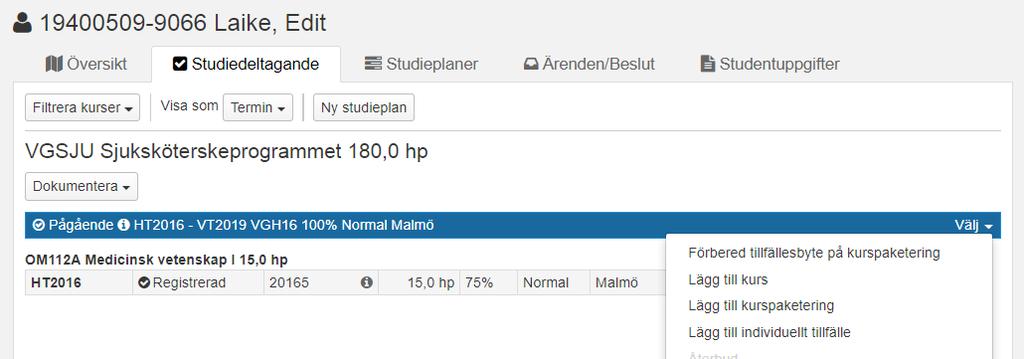 Skapa förväntat deltagande på kurspaketeringstillfälle För att skapa ett förväntat deltagande på ett kurspaketeringstillfälle krävs att det finns i Ladok i status