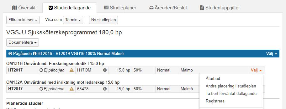 Ta bort förväntat deltagande på kurstillfälle Ett kurstillfälle eller motsvarande* som felaktigt lagts in i students studieplan går att ta bort i Ladok genom att ta bort det förväntade deltagandet.