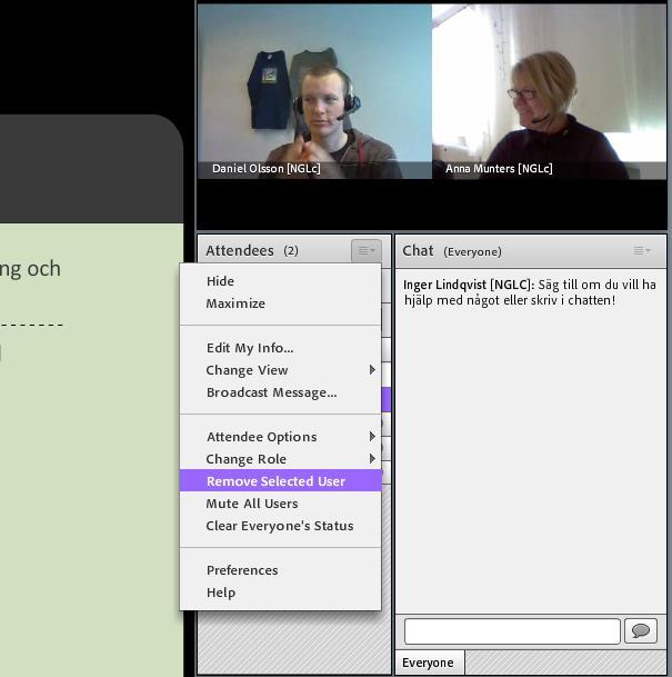Hur gör jag om jag vill avvisa en person ur samtalsrummet? Med verktyget Remove Selected User kan du avvisa/sparka ut en person från samtalsrummet.