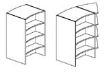 SLIMLINE RADIUS HYLLSYSTEM FANÉR Kompletta förpackningar där en startsektion består av två yttergavlar, hel rygg, konkava och konvexa trähyllplan samt beslag.