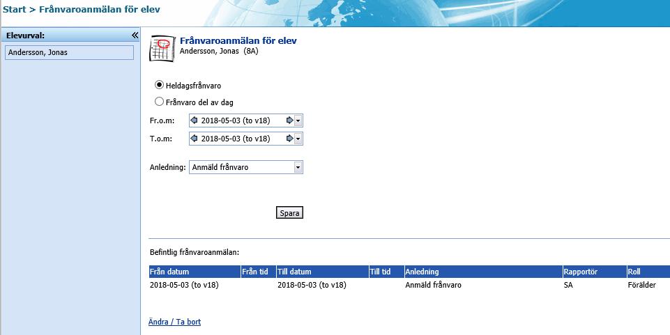 Frånvaroanmälan Funktionen Frånvaroanmälan finns tillgänglig under menyalternativet Frånvaro på startsidan om skolan valt att aktivera funktionen. Klicka på länken för att anmäla en frånvaro.