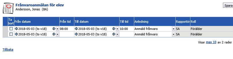 Redan registrerade frånvaroanmälningar de senaste 60 dagarna visas i nedre delen av formuläret. En redan registrerad frånvaroanmälan kan ändras.