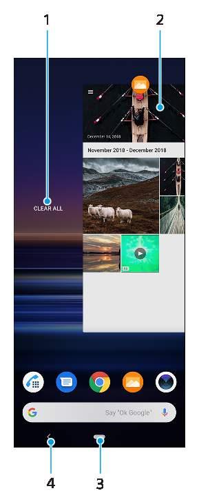Navigera mellan appar översikt 1 Rensa alla stäng alla nyligen använda appar 2 Fönster för senast använda appar öppna en nyligen använd app 3 Startskärmsknappen avsluta en app och gå tillbaka