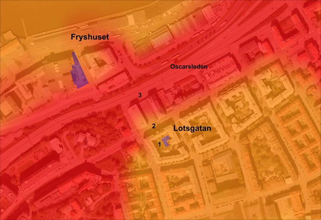 Figur 14. Beräknat dygnsmedelvärde av kvävedioxid (98-percentil) år 2013, samt provtagarnas placering på Lotsgatan (1), Karl Johansgatan (2) och Skeppsgossegatan (3).
